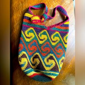 Boho Hippie Festival Crocheted Crossbody Bag with Bright‎ Wave Motif Like New